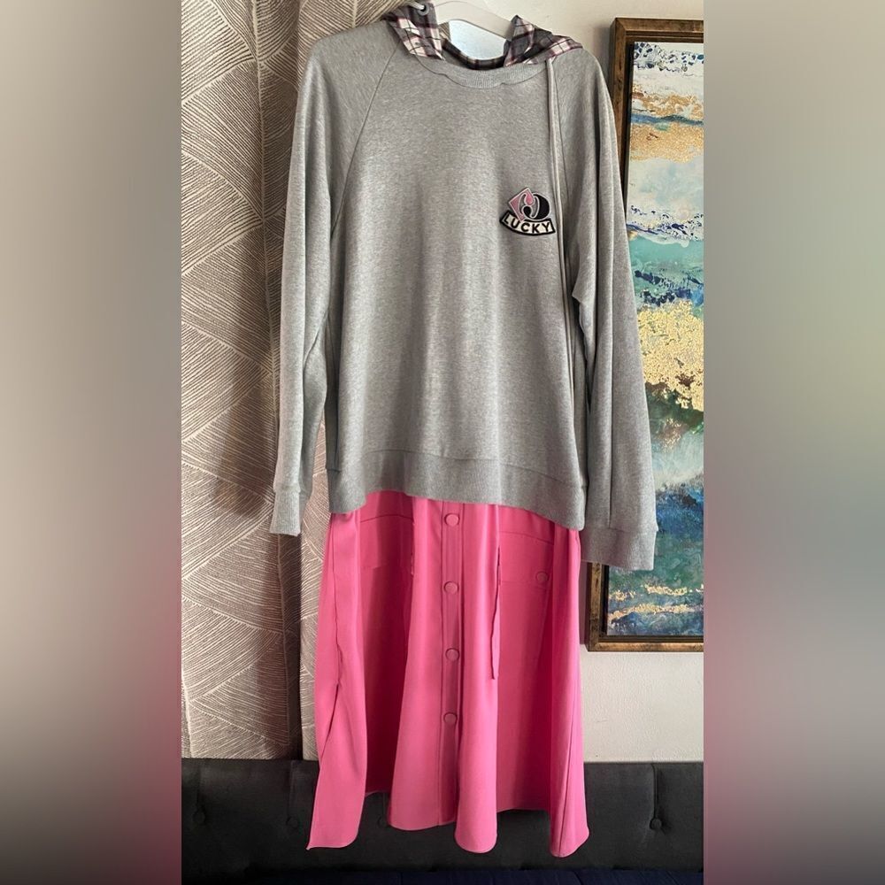 Lucky Chouette Logo Gray Pink Pullover Casual Sweatshirt Midi Dress Sz 36 S Cap